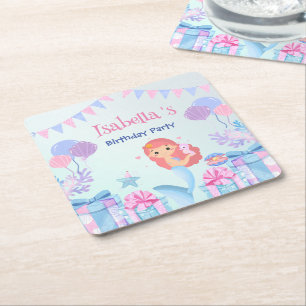 Niedliche Mermaid Rainbow Watercolor Geburtstagspa Rechteckiger Pappuntersetzer