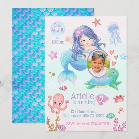 Niedliche Mermaid zum Geburtstag Einladung (Vorne/Hinten)