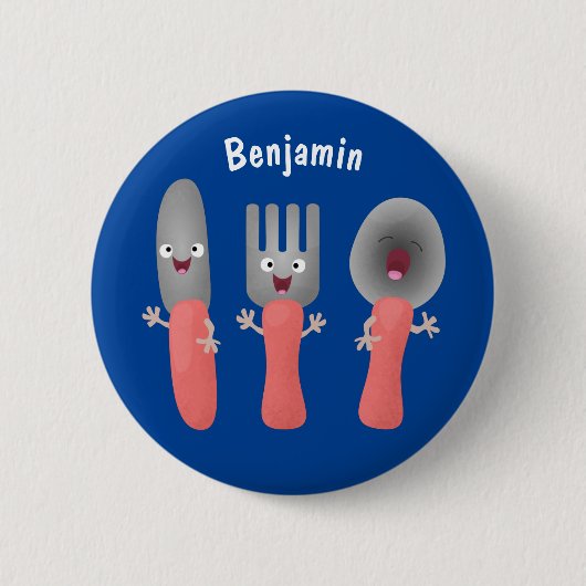 Niedliche Messergabel und Löffelbesteck Cartoon Button (Vorderseite)