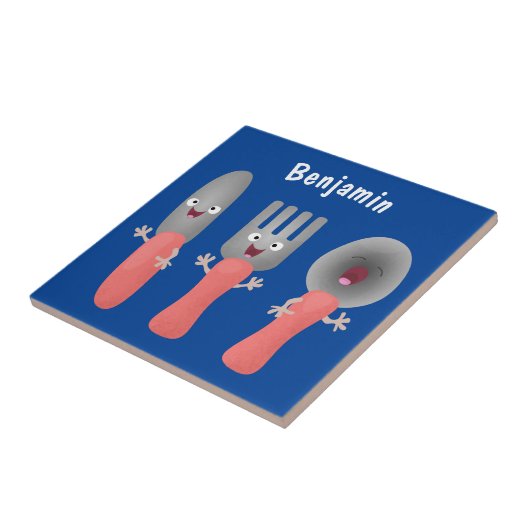 Niedliche Messergabel und Löffelbesteck Cartoon Fliese (Seite)