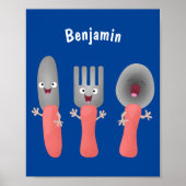 Niedliche Messergabel und Löffelbesteck Cartoon Poster (Vorne)