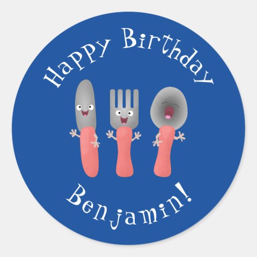 Niedliche Messergabel und Löffelbesteck Cartoon Runder Aufkleber (Vorderseite)