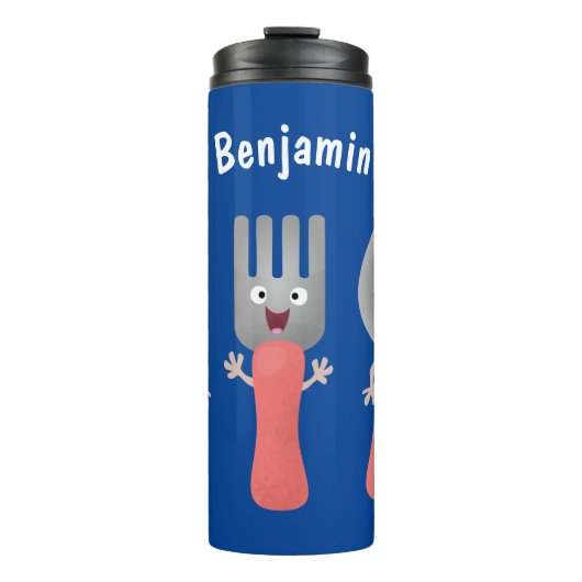 Niedliche Messergabel und Löffelbesteck Cartoon Thermosbecher (Vorderseite)