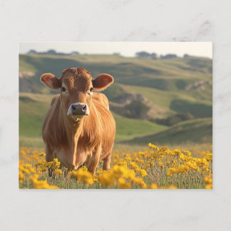 Niedliche Milchkuh Gelbe Wildblumen Postkarte