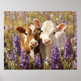 Niedliche Milchkühe Kälber Lupine Blume Poster
