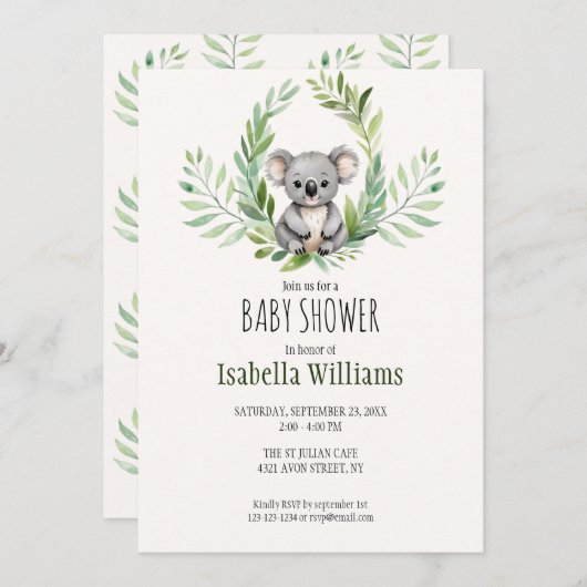 Niedliche Minimal Koala Bear Babydusche Einladung (Vorne/Hinten)