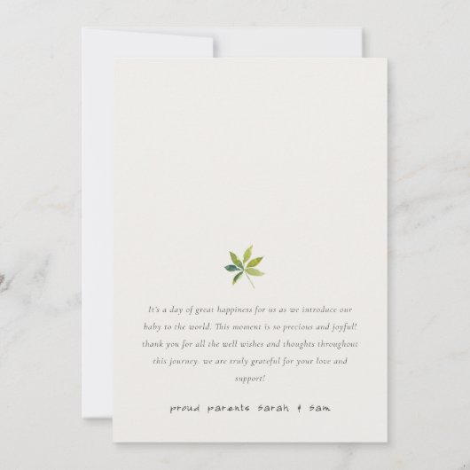 Niedliche Minimal-Leaf-Script-Foto Geburtsankündig Dankeskarte (Rückseite)