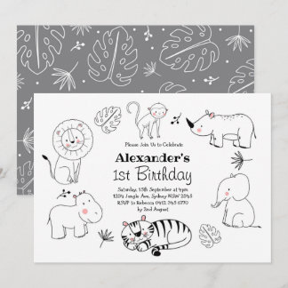 Niedliche Minimalistische Jungle Safari Tiere 1. G Einladung