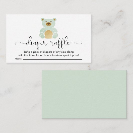 Niedliche Minze Teddy Bear Diaper Raffle Babydusch Begleitkarte (Vorne/Hinten)
