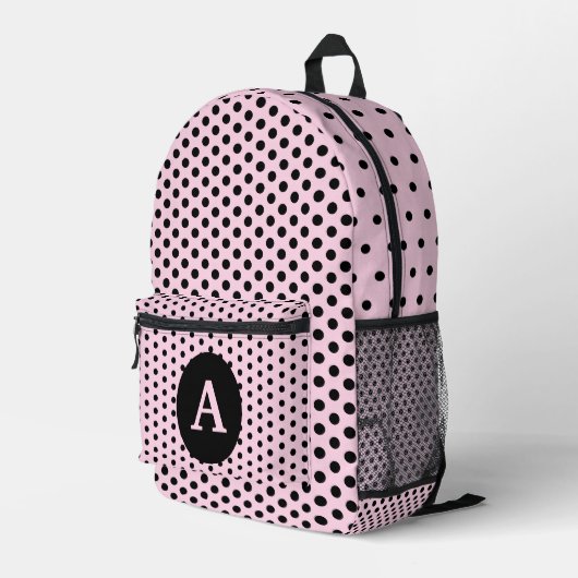 Niedliche Mit Monogramm Pink- und Schwarzpolka-Pun Bedruckter Rucksack (Rückseitige Ecke Rechts)
