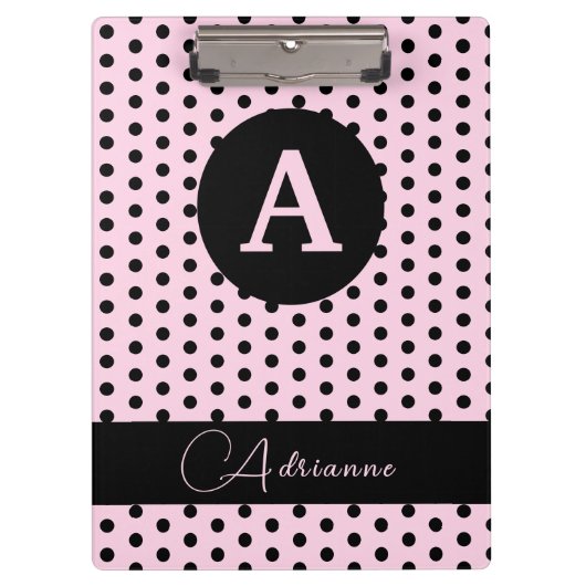 Niedliche Mit Monogramm Pink- und Schwarzpolka-Pun Klemmbrett (Vorderseite)