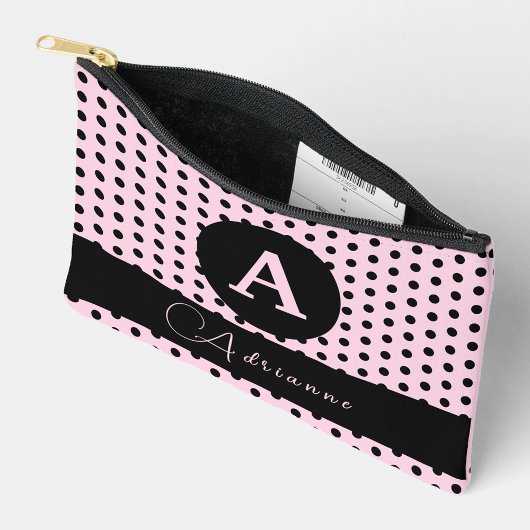 Niedliche Mit Monogramm Pink- und Schwarzpolka-Pun Zubehörtasche