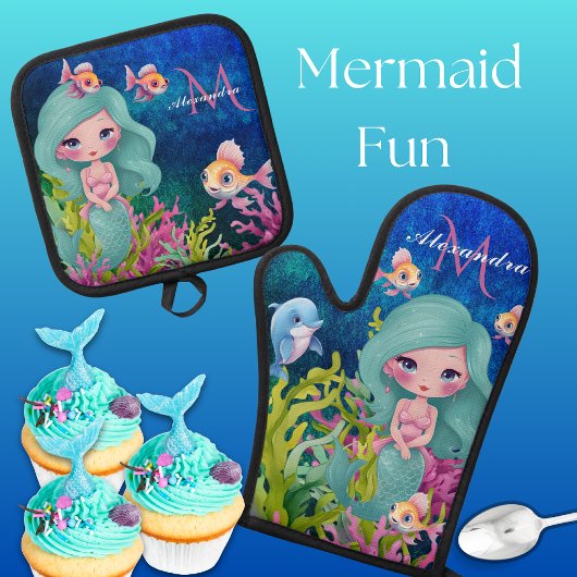 Niedliche Mit Monogramm Wasserfarbe Mermaid Aquama Ofenhandschuh & Topflappen-Set