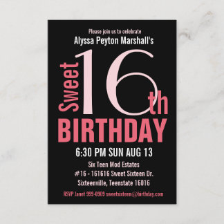 Niedliche Mod Pink und Schwarz Sweet 16. Party Einladung