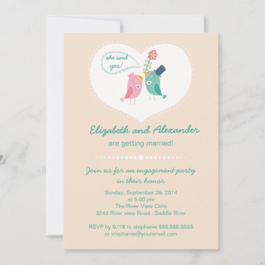 Niedliche Modern Love Birds Herzinfarkt Einladung (Vorderseite)