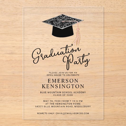 Niedliche Moderne Cap and Tassel Graduation Party Acryleinladungen (Vorderseite)