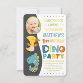 Niedliche moderne Dinosaurier Kid's Foto Geburtsta Dankeskarte (Vorderseite)
