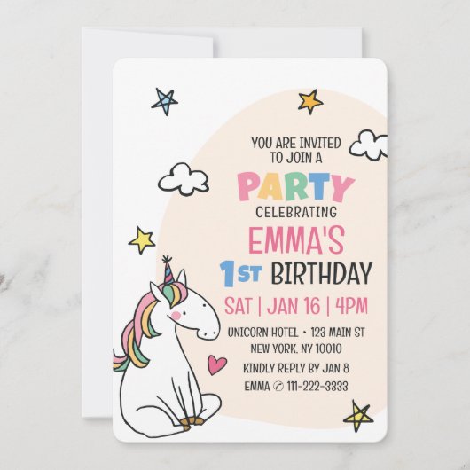 Niedliche, moderne Einhorn- und Sternenpartei Kids Einladung (Vorderseite)