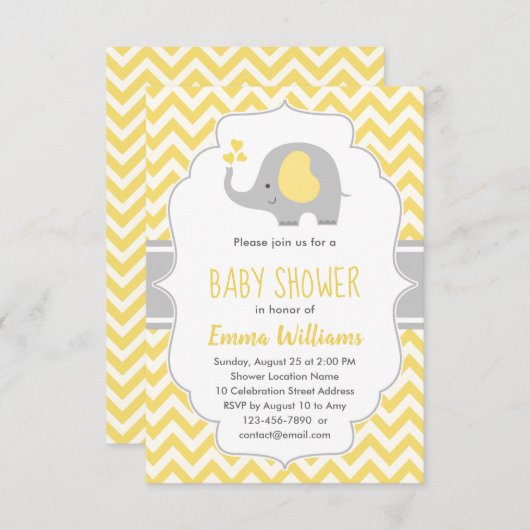 Niedliche moderne, gelb-graue Elephant Babydusche Einladung (Vorne/Hinten)