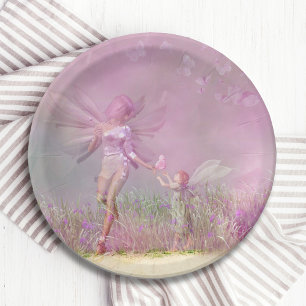 Niedliche, moderne Girl Pink Butterfly Fairies Pappteller