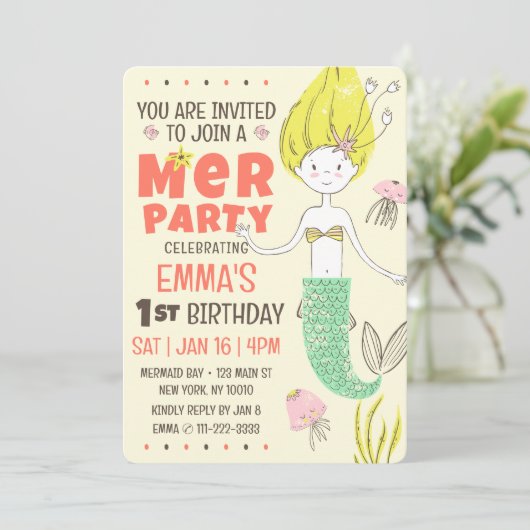 Niedliche moderne Meerjungfrau-Kinderpartei Einladung (Stehend Vorderseite)