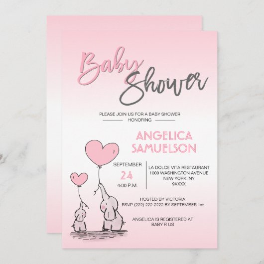 Niedliche moderne Mütterchen mit rosa Mammy Elepha Einladung (Vorne/Hinten)