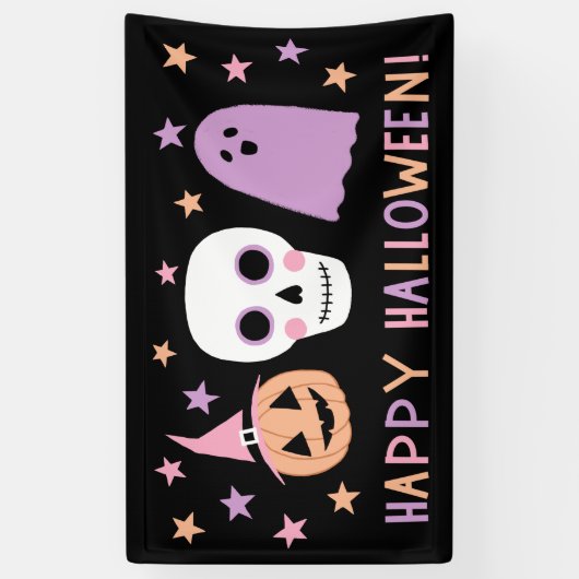Niedliche moderne Pastel Skull Ghost Happy Hallowe Banner (Vertikal)