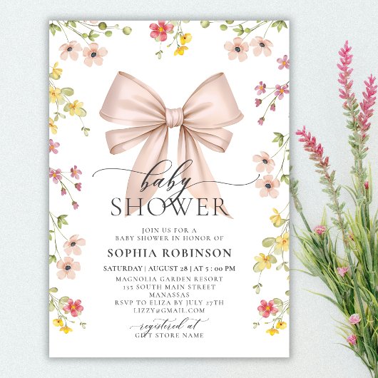 Niedliche moderne Pink Bow Wildblume Girl Babydusc Einladung