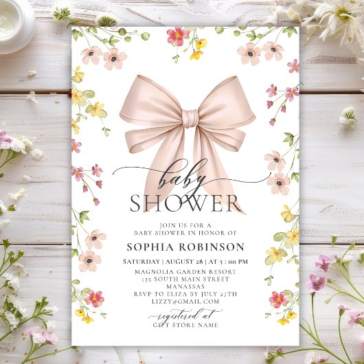 Niedliche moderne Pink Bow Wildblume Girl Babydusc Einladung