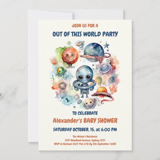 Niedliche moderne Raumsonde Alien Babydusche Einladung (Vorderseite)