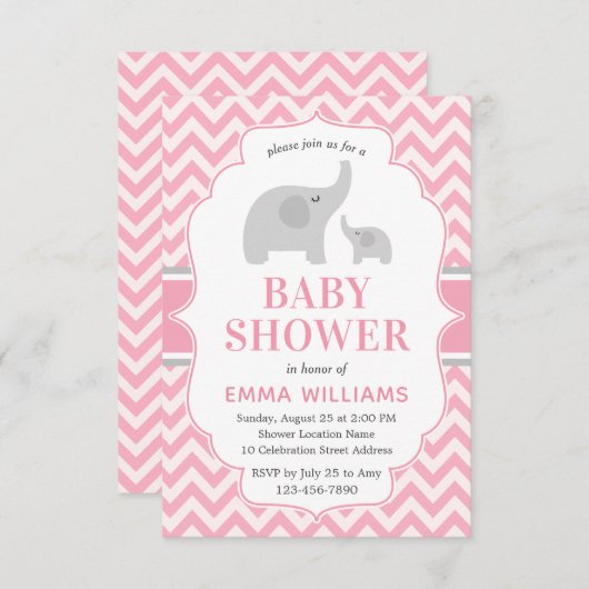 Niedliche moderne rosa graue Elephant Girl Babydus Einladung (Vorne/Hinten)