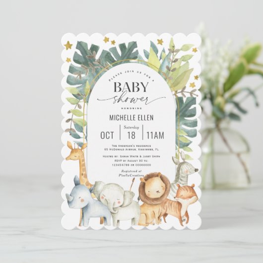 Niedliche moderne Safari-Tiere Aquarell Babydusche Einladung (Stehend Vorderseite)