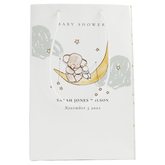 Niedliche Mondstars Elephant Bunny Neutral Baby Sh Mittlere Geschenktüte (Vorderseite)