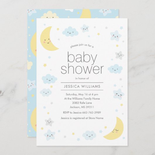 Niedliche Mondwolken & Sterne Kinderdusche Einladu Einladung (Vorne/Hinten)