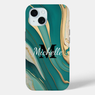 Niedliche Monogram Aqua Gold Fluid Art Marmorästhe Case-Mate iPhone Hülle