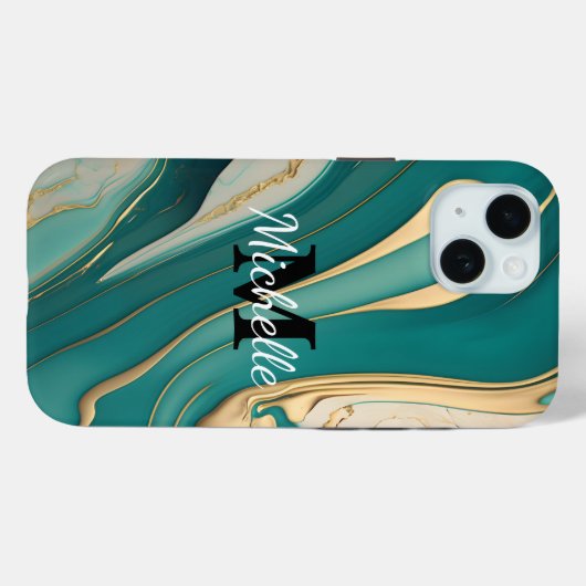 Niedliche Monogram Aqua Gold Fluid Art Marmorästhe Case-Mate iPhone Hülle (Rückseite (Horizontal))