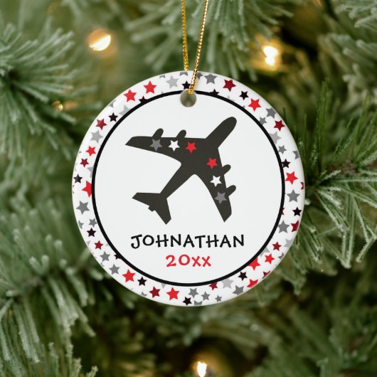 Niedliche Monogram Black Airplane Stars Weihnachte Keramik Ornament (Baum)