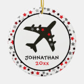Niedliche Monogram Black Airplane Stars Weihnachte Keramik Ornament (Vorne)