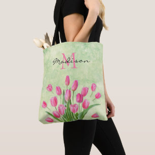 Niedliche Monogram Floral Spring Pink Tulip Bouque Tasche