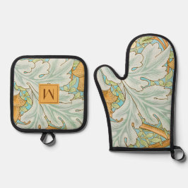 Niedliche Monogram Greenery Botanical Yellow Green Ofenhandschuh & Topflappen-Set