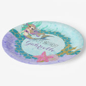 Niedliche Monogram Mermaid Aquamarin & Lila Happy  Pappteller (Schrägansicht)