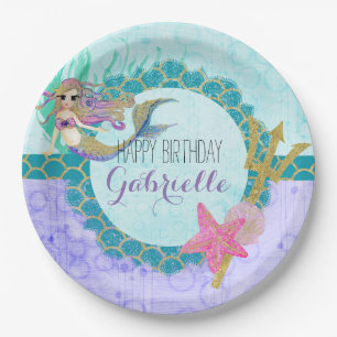 Niedliche Monogram Mermaid Aquamarin & Lila Happy  Pappteller