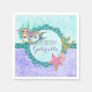 Niedliche Monogram Mermaid Aquamarin & Lila Happy  Serviette