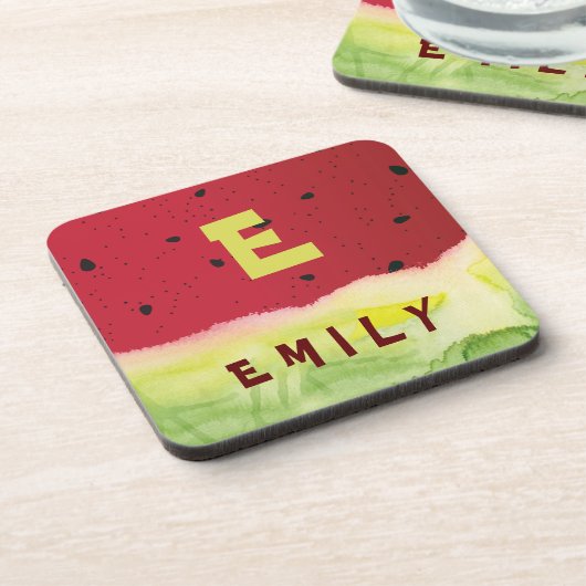 Niedliche Monogram Red Green Watermelon Custom Kid Getränkeuntersetzer (Linke Seite)