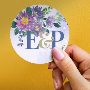 Niedliche Monogram Schöne Lila Blumenhochzeit Runder Aufkleber