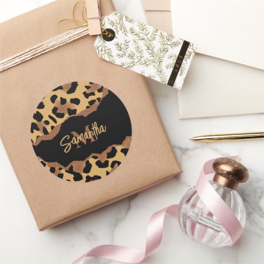 Niedliche Monogramm-Leopardrucke Runder Aufkleber (Schenken)
