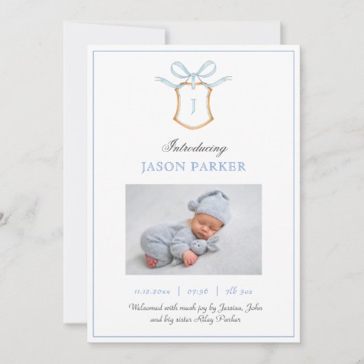 Niedliche Monogramm mit Wappen und Bogen Ankündigung (Vorderseite)