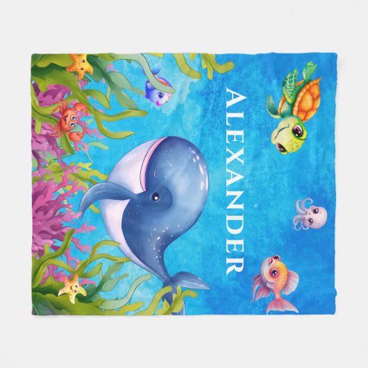 Niedliche Monogramm Name Küstenschildkröte und Wal Fleecedecke (Vorderseite (Horizontal))