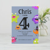 Niedliche Monster 4. Geburtstag Einladung (Stehend Vorderseite)