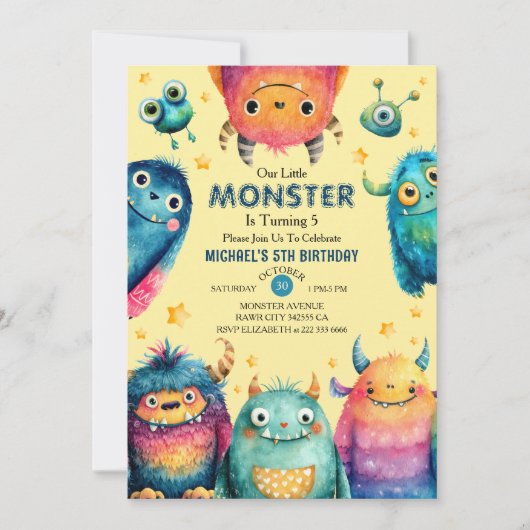 Niedliche Monster Gender Neutraler Kindergeburtsta Einladung (Vorderseite)